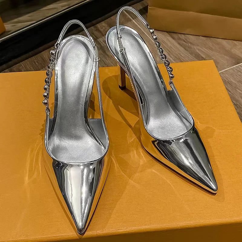 Metallic Slingback Crystal Sandals Pointed Toe Stiletto Heel Mule Pumps