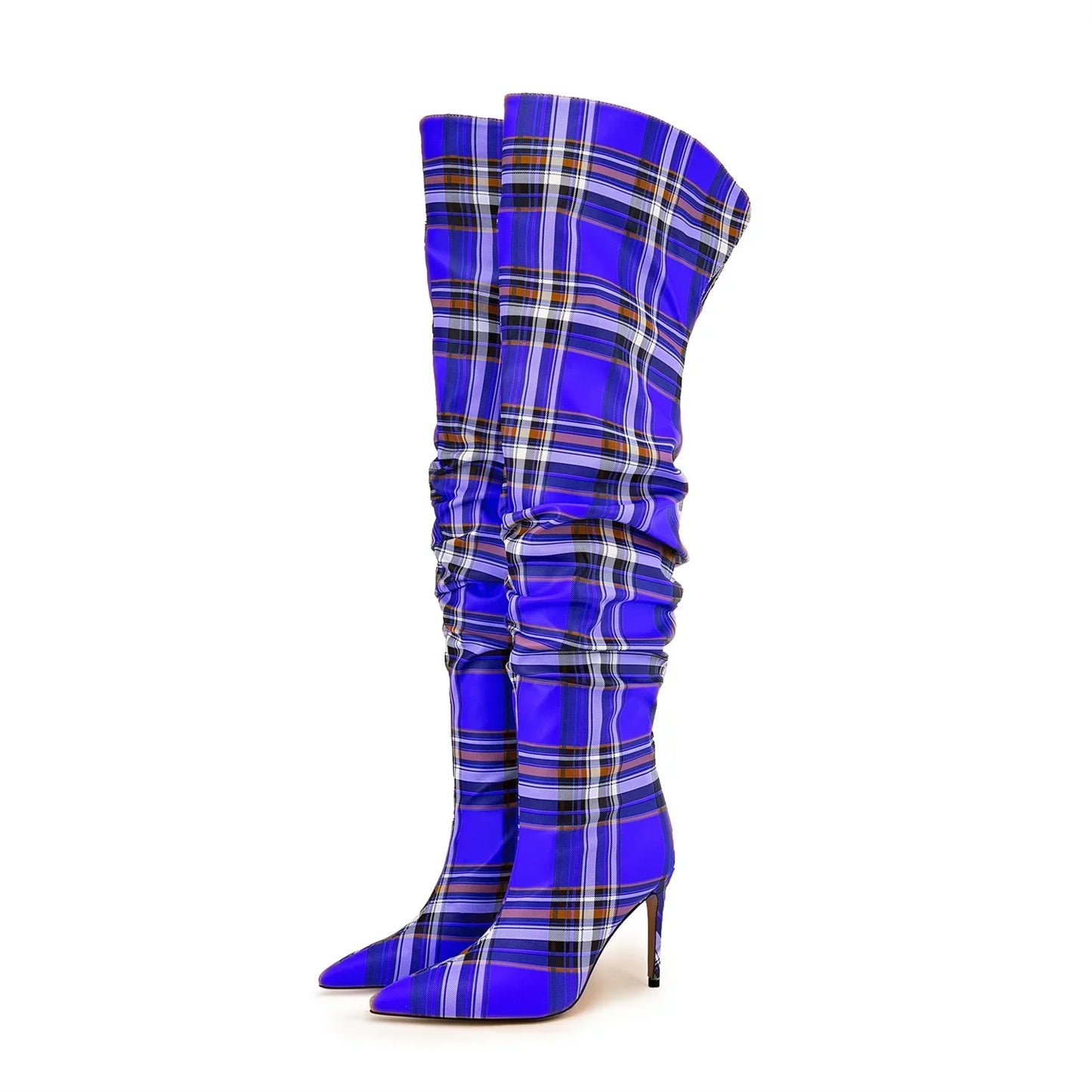 Plaid Pleated Red/Green Checker Block Print Fabric Knee-High Women's Sleeve Boots