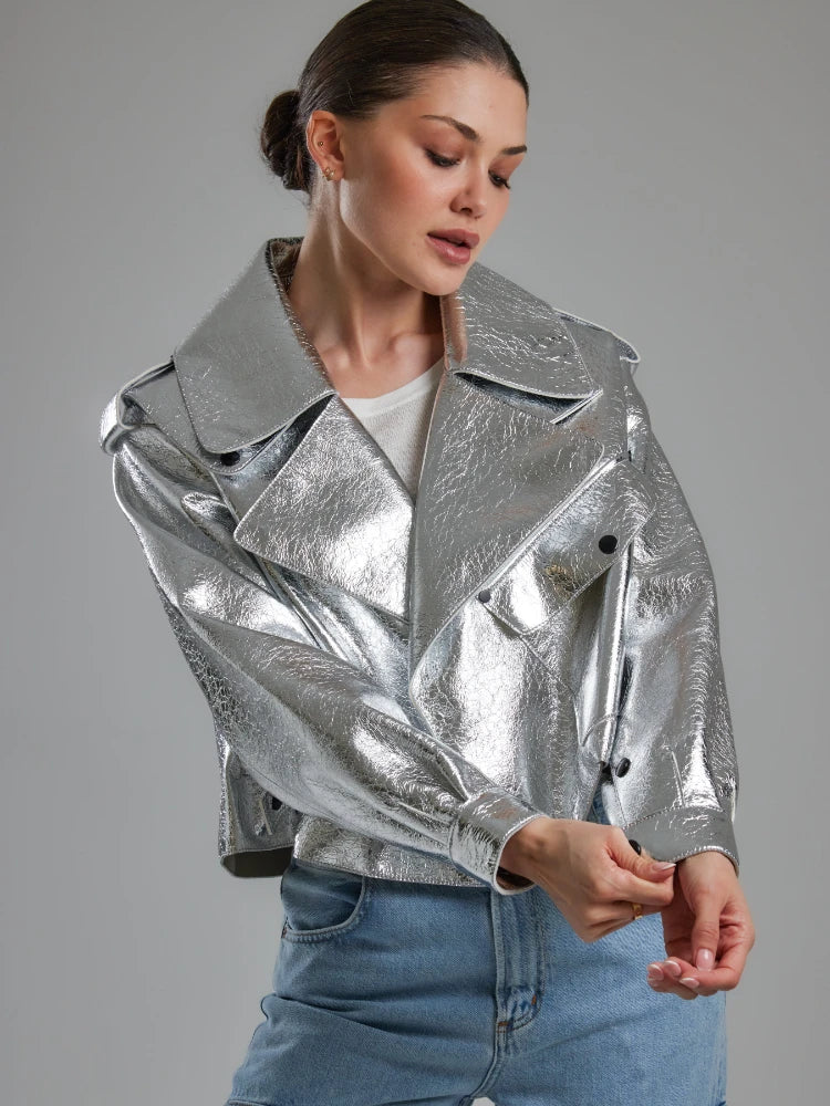 Silver/Gold Metallic Puff Sleeve Oversized Women's Loose PU Leather Streetwear Motorcycle/Biker Jacket
