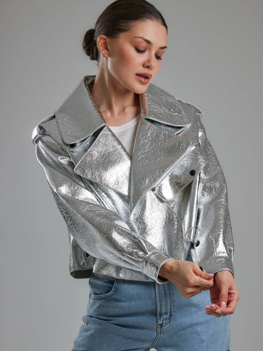 Silver/Gold Metallic Puff Sleeve Oversized Women's Loose PU Leather Streetwear Motorcycle/Biker Jacket