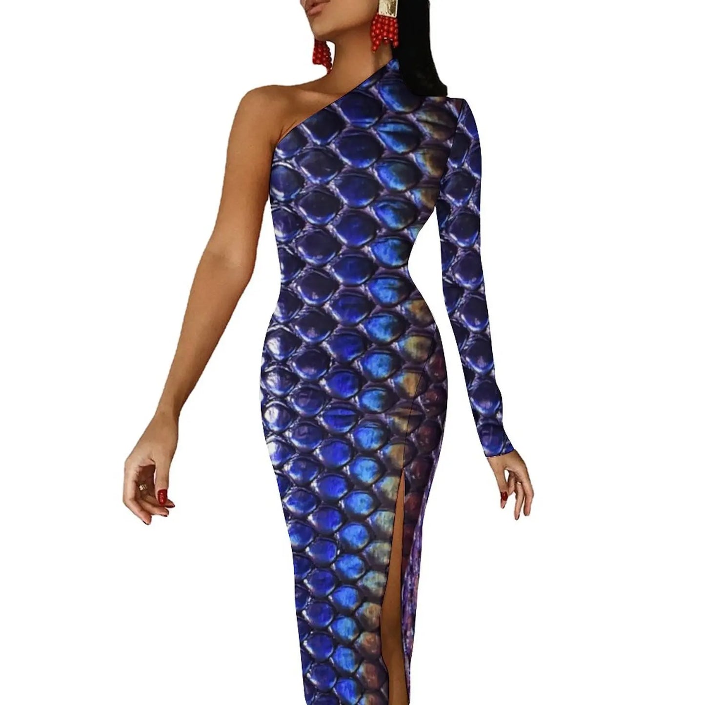 Snake Print/Geometric High Slit One Shoulder Long Sleeve Party Bodycon Maxi Dress