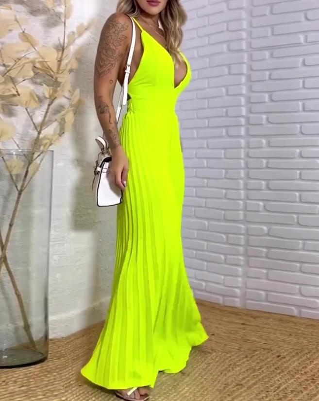 Deep V-Neck Plunge Sleeveless Pleated Wide Leg Jumpsuit