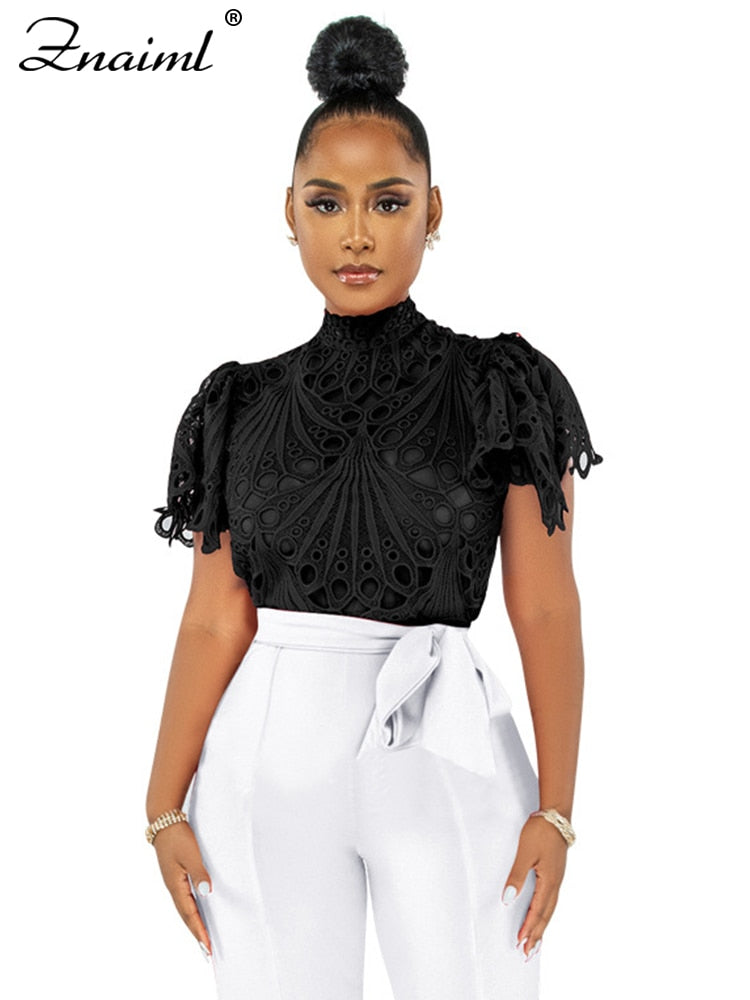 Hollow Out Mesh Lace Transparent Cropped Blouse