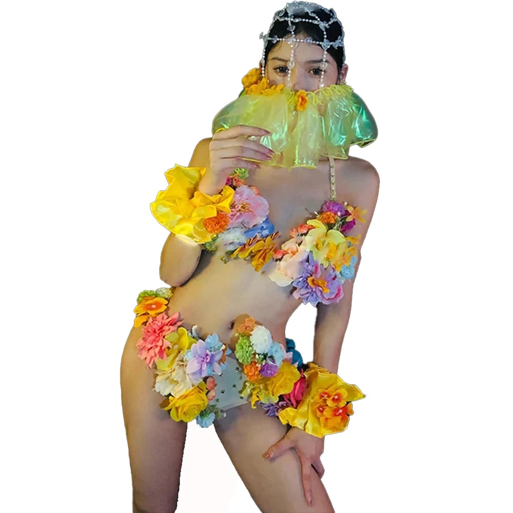 Rhinestone Bright Rainbow Embroidered Flower Bikini Costume