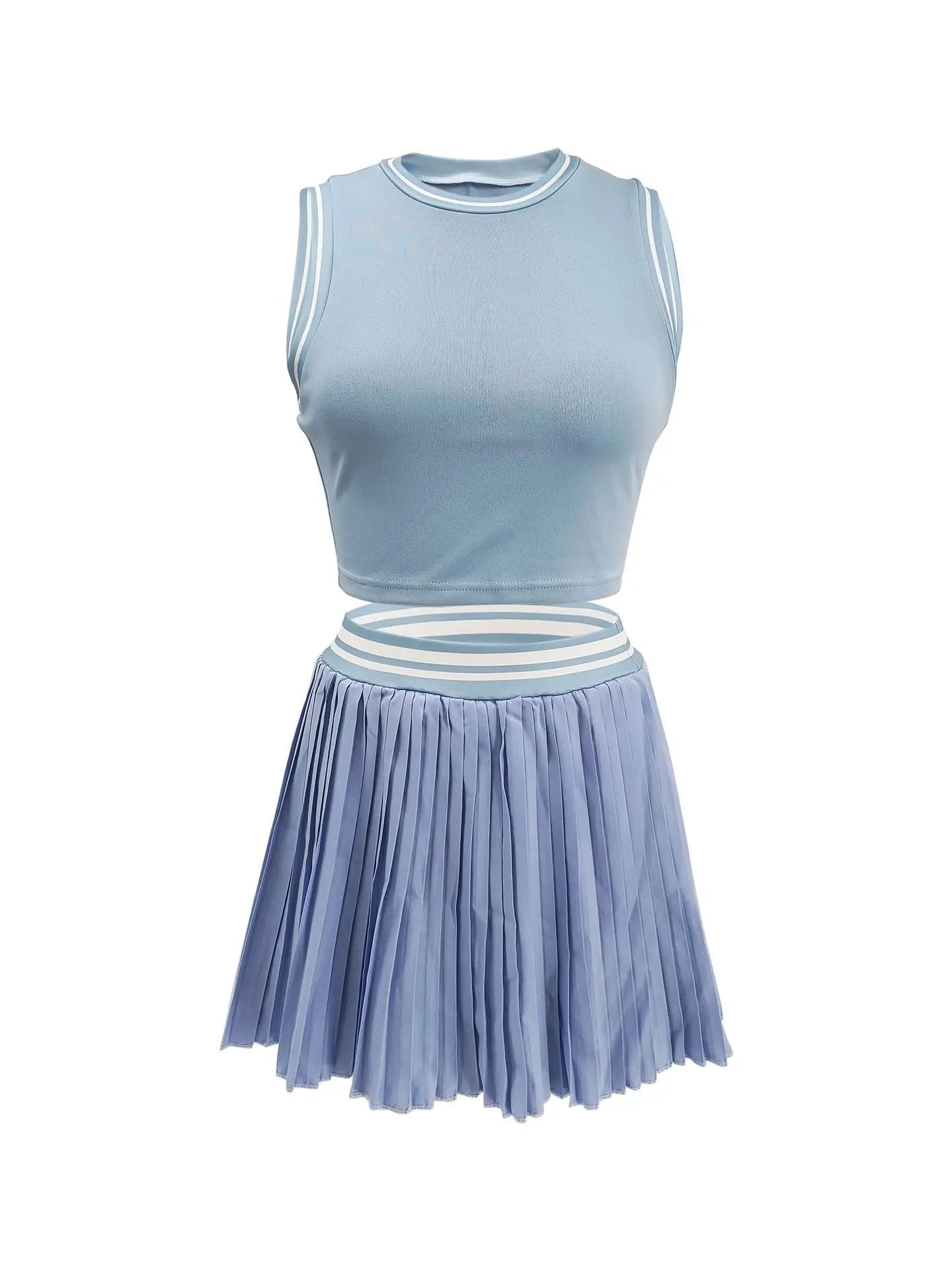Sleeveless Solid Color O-Neck Crop Tank Top + Pleated Mini Tennis Skirt Women's Fitness 2-Piece Set