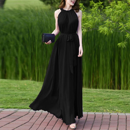 Chiffon Halter Pleated Solid Color Sleeveless Sash Belt Maxi Formal Party/Prom Dress to 5X Plus Size