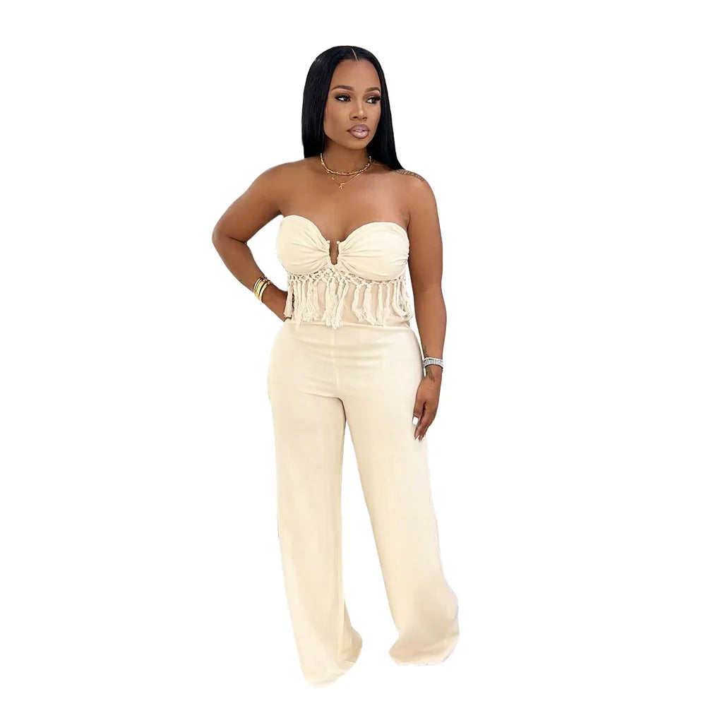 Tassel Fringe Design Strapless Sleeveless Tube Top Solid Color Women's Jumpsuit