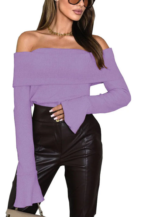 Ribbed Knitted Off-the-Shoulder Skinny Long Sleeve  Pullover Sweater