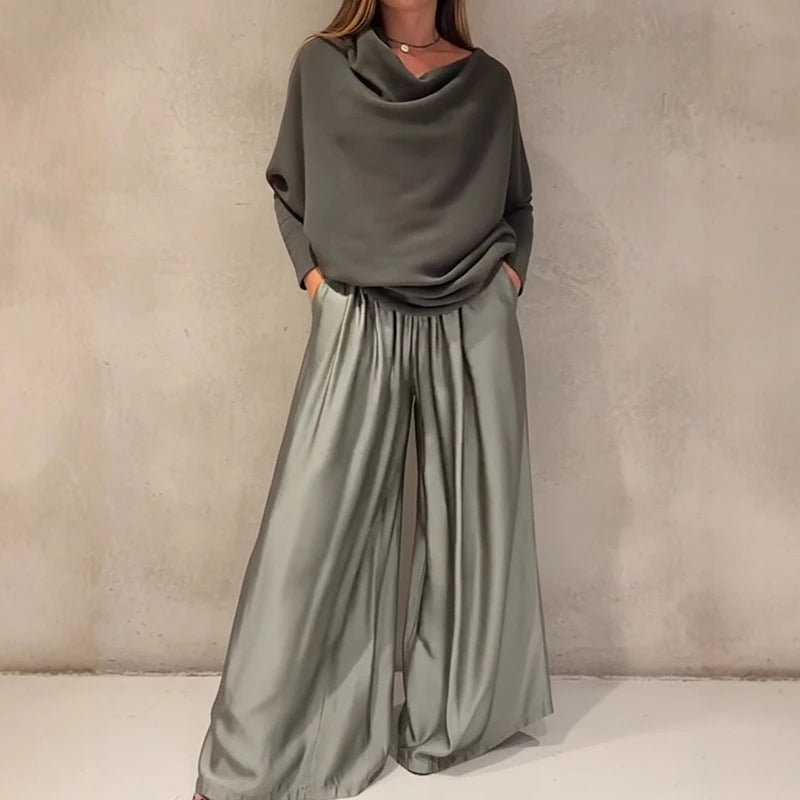 Satin Sleeveless Patchwork Long Sleeve Loose Women's Slash Neck Blouse Top + Wide Leg Pants 2-Piece Set