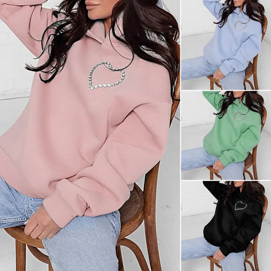 Heart Shape Ladies Backless Hollow-Out Rhinestone Pullover Solid Color Hoodie