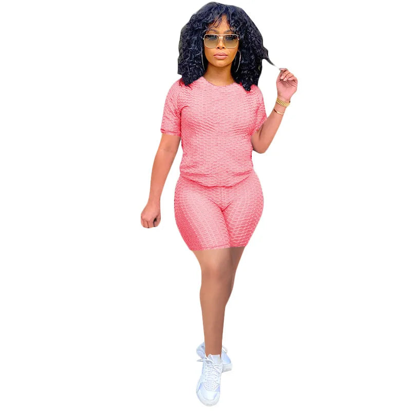 Texturized Sportswear O-Neck Solid Color Short Sleeve Women's T-Shirt + Shorts 2-Piece Fitness Workout Set