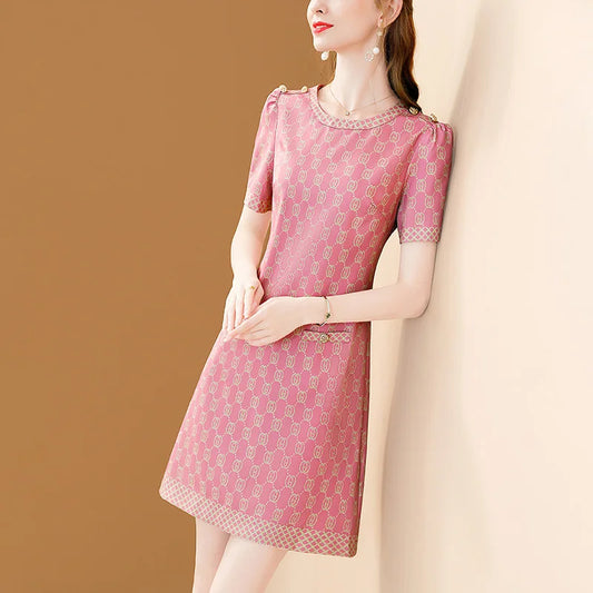 Pink Chiffon O-Neck Floral Print Office A-Line Midi Office Dress