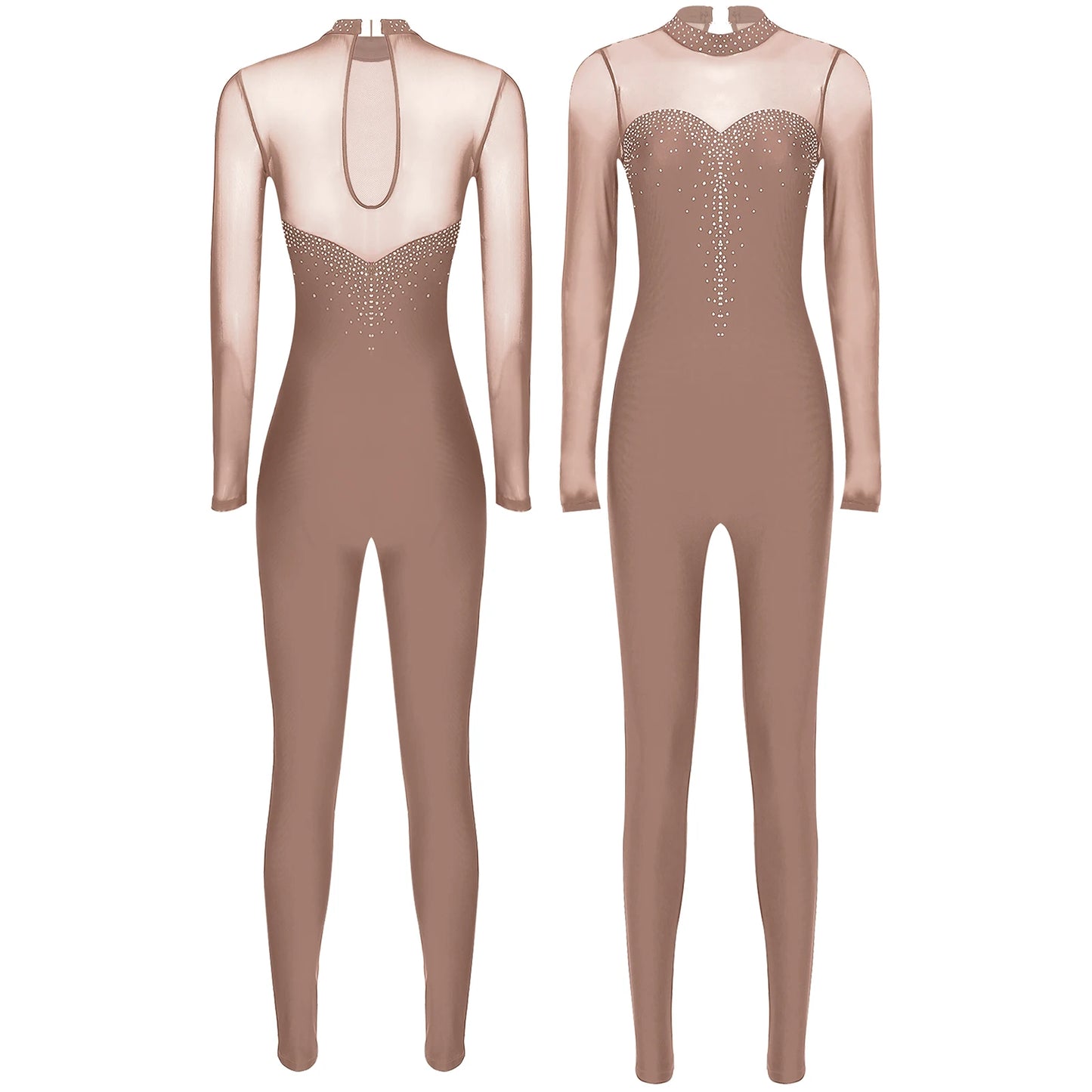 Rhinestone Women's Long Sleeve Gymnastics Leotard Performance Jumpsuit