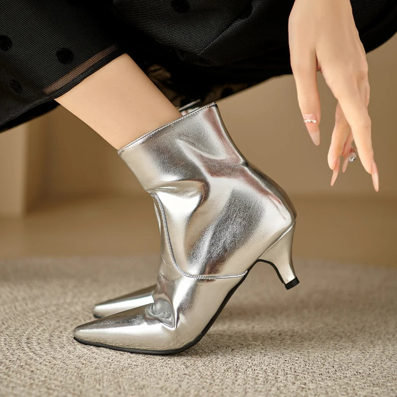 Metallic Solid Gold/Silver Kitten Heel Pointed Toe Side Zipper Chelsea Ankle Boots