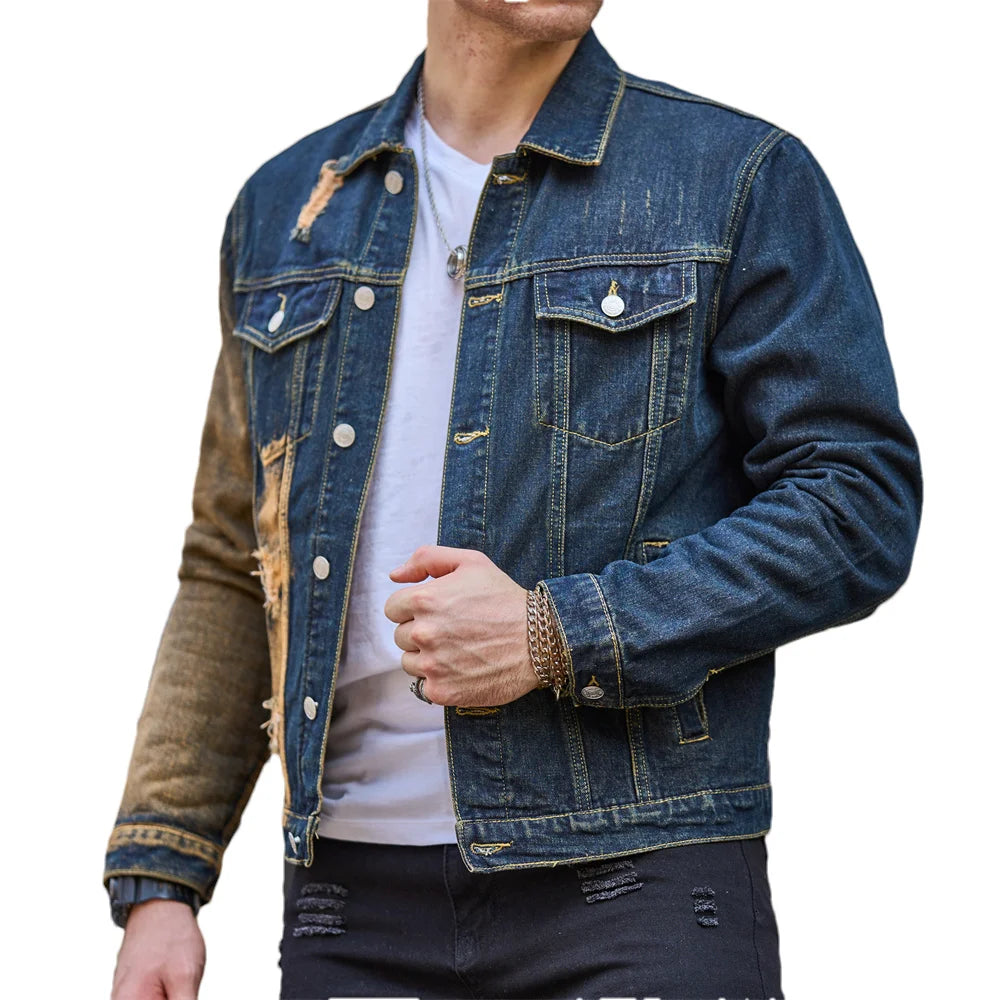 Men's Denim Irregular Colorblock Print Streetwear Ripped Hole Design Distressed Skinny Jean Jacket