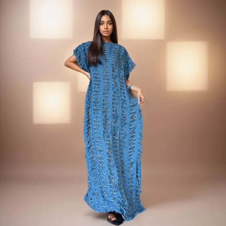 Denim Cut-Out Patchwork Hole Design Short Sleeve Maxi Jean Dress ONE SIZE