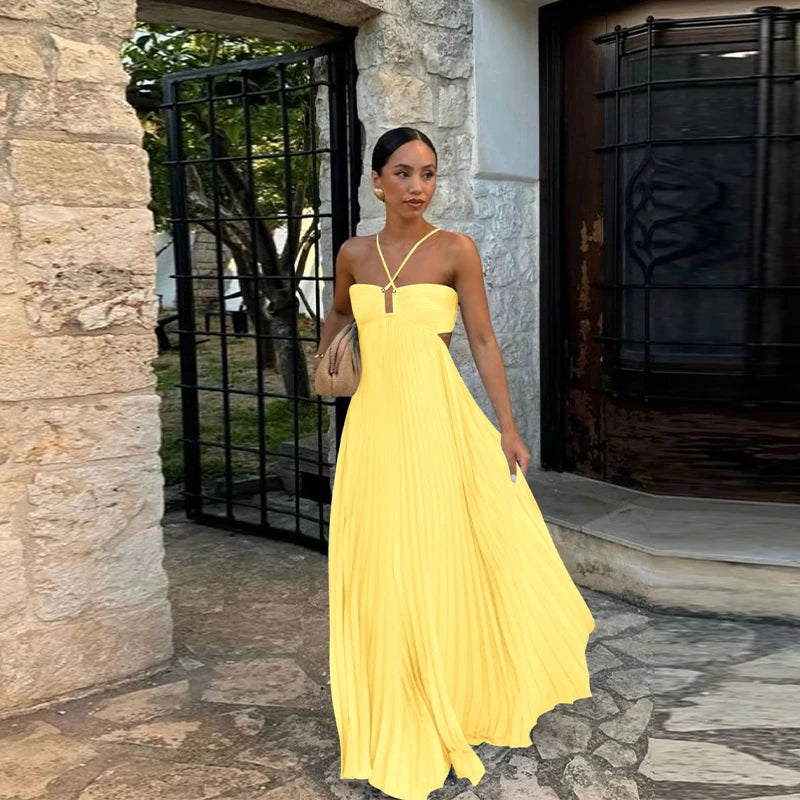 Pleated Halter Spaghetti Strap Backless Sleeveless Beach Maxi Dress