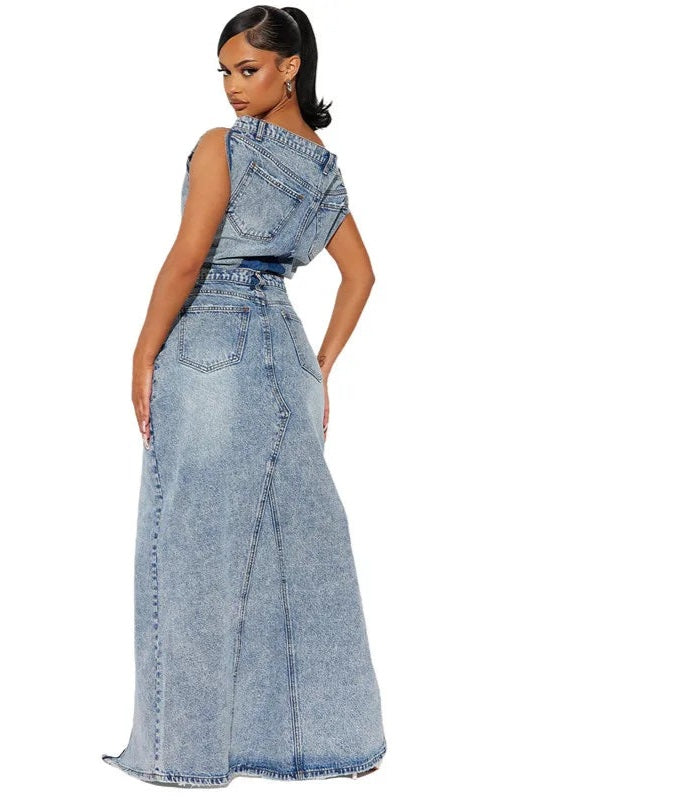 Denim Patchwork Sleeveless Strapless Short Button Open Fork Top + Floor-Length Maxi Skirt Lady 2-Piece Set