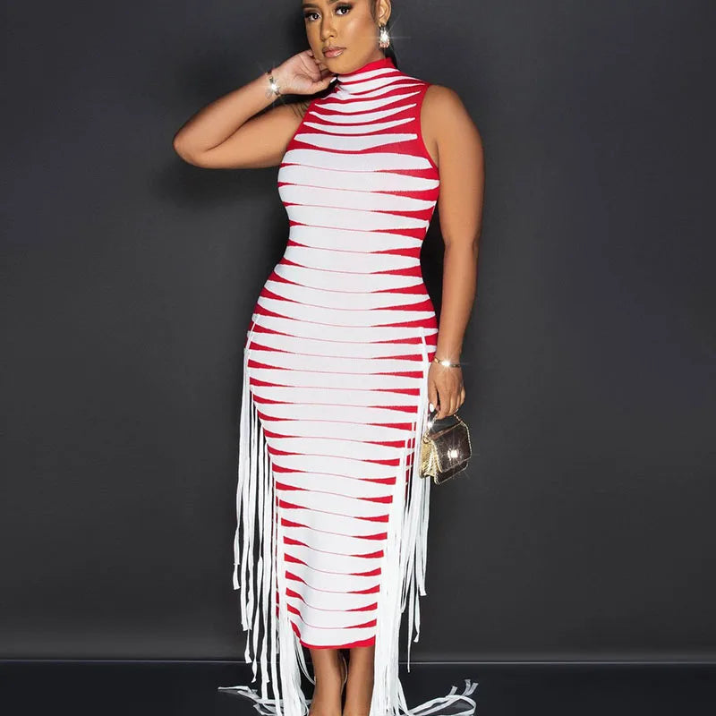 Striped Fringed Tassel Bodycon Sleeveless Party Maxi Dress