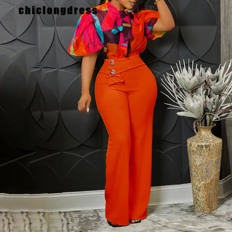 African Print Scarf Collar Short Puff Sleeved Blouse + High-Waisted Flared Pants 2-Piece Plus Size Set to 5X