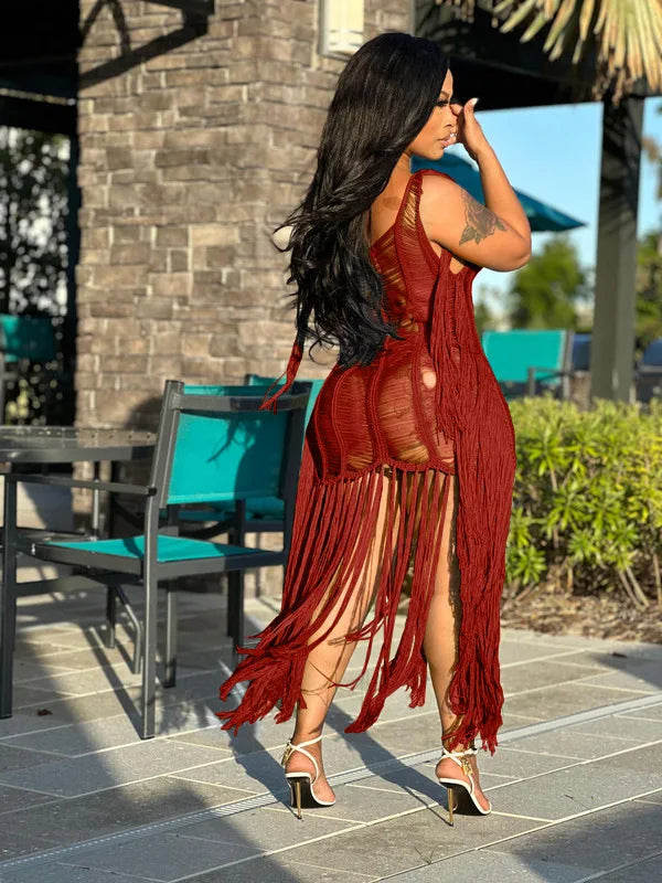 Crochet Knitted Ribbed Hollow-Out Tassel Fringe Hem Sleeveless Beach Maxi Swimsuit Cover-Up Dress