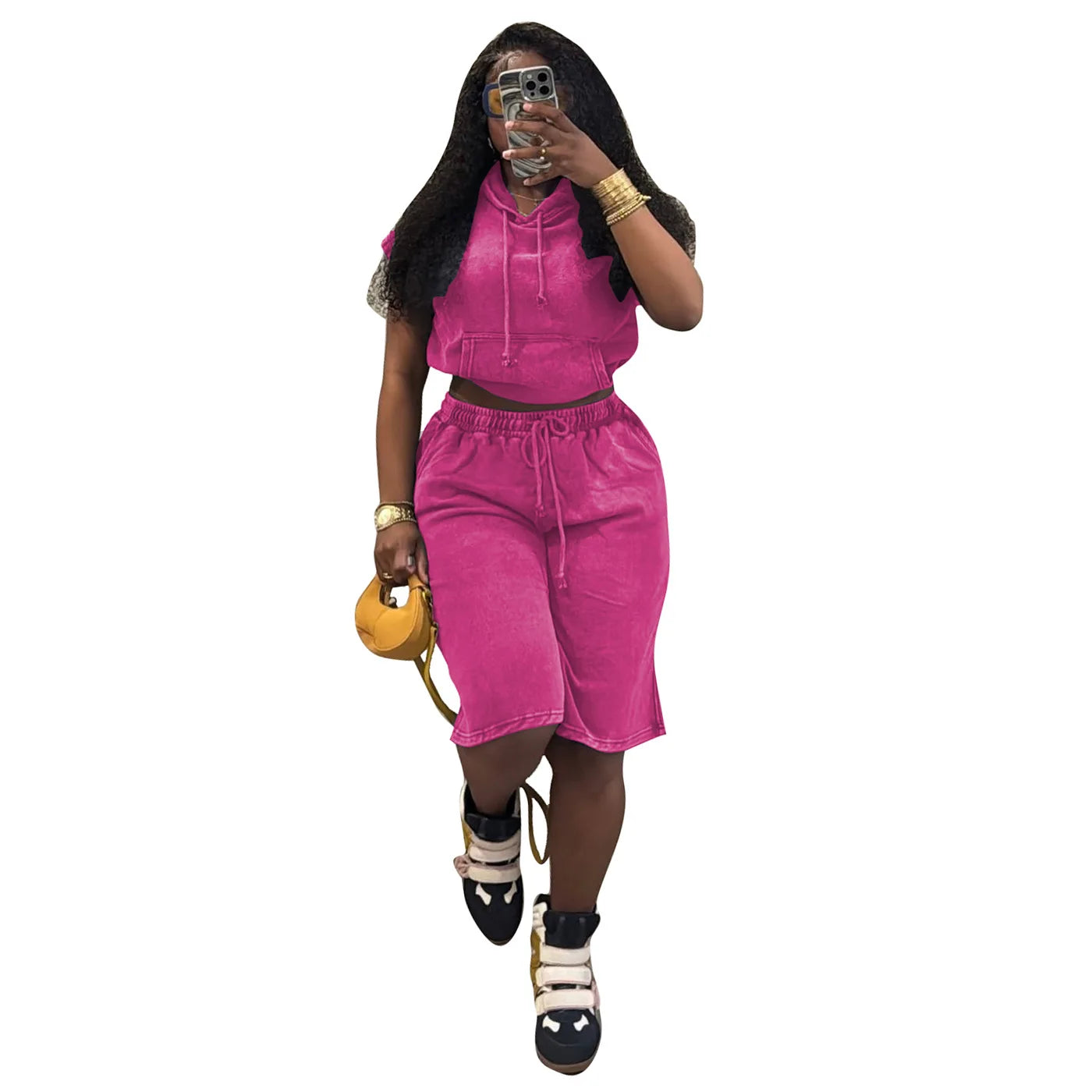Washed Mock Denim Sleeveless Streetwear Women's Hoodie Top + Drawstring Shorts 2-Piece Set