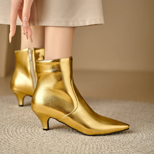 Metallic Solid Gold/Silver Kitten Heel Pointed Toe Side Zipper Chelsea Ankle Boots