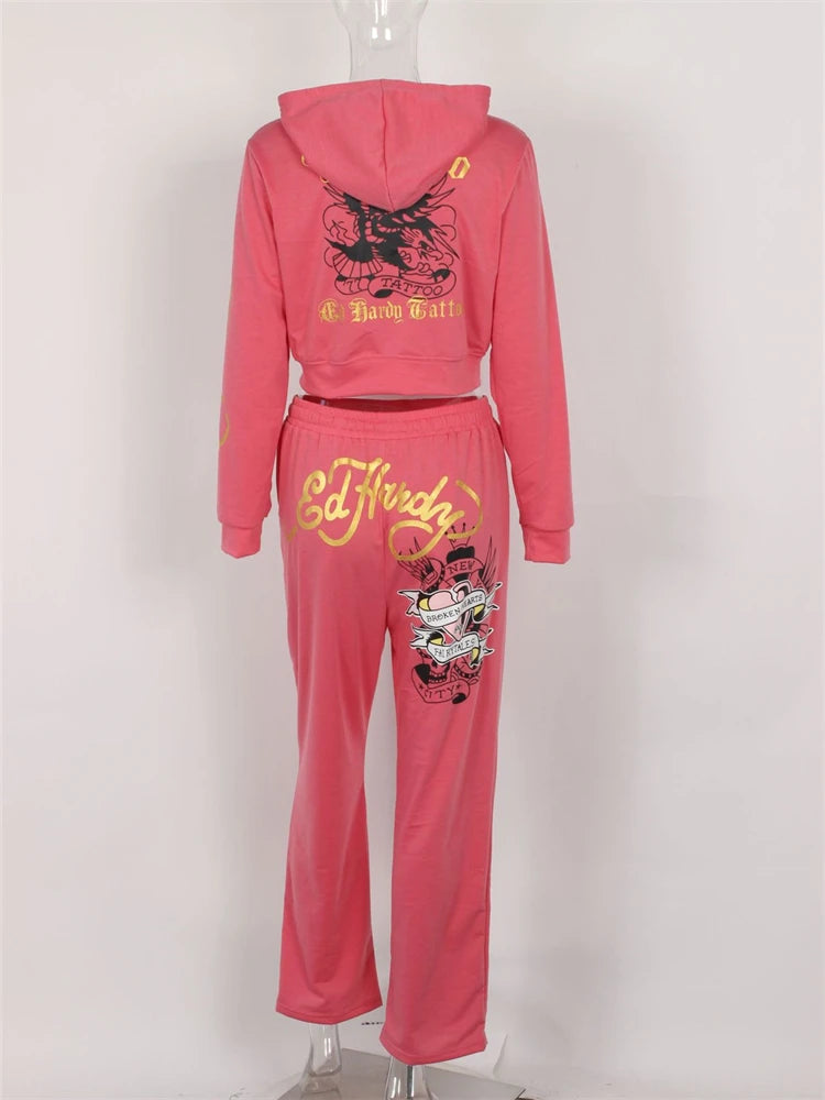 "Ed Hardy" Print Crop Zipper Hoodie Jacket + Drawstring Sweatpants Women's Tracksuit