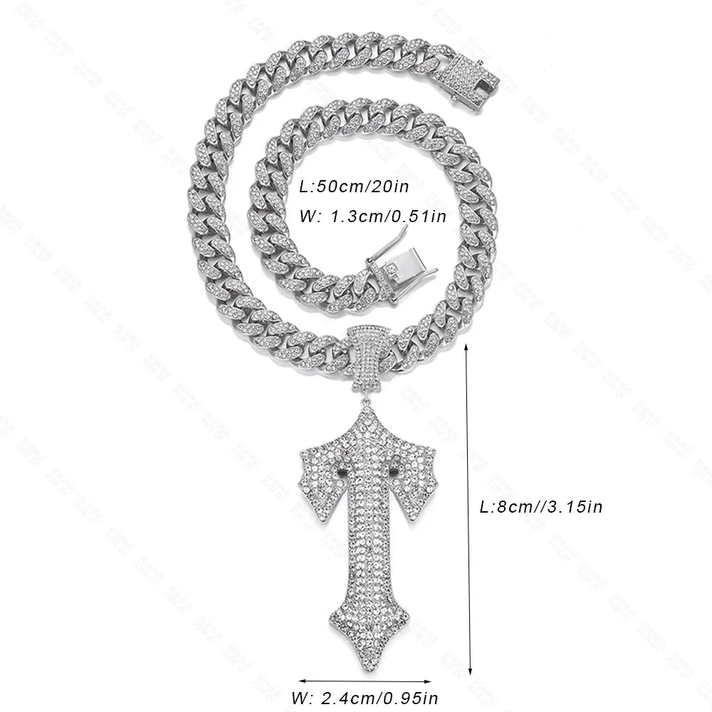 Rhinestone Sword Cross Pendant Iced-Out Cuban Chain