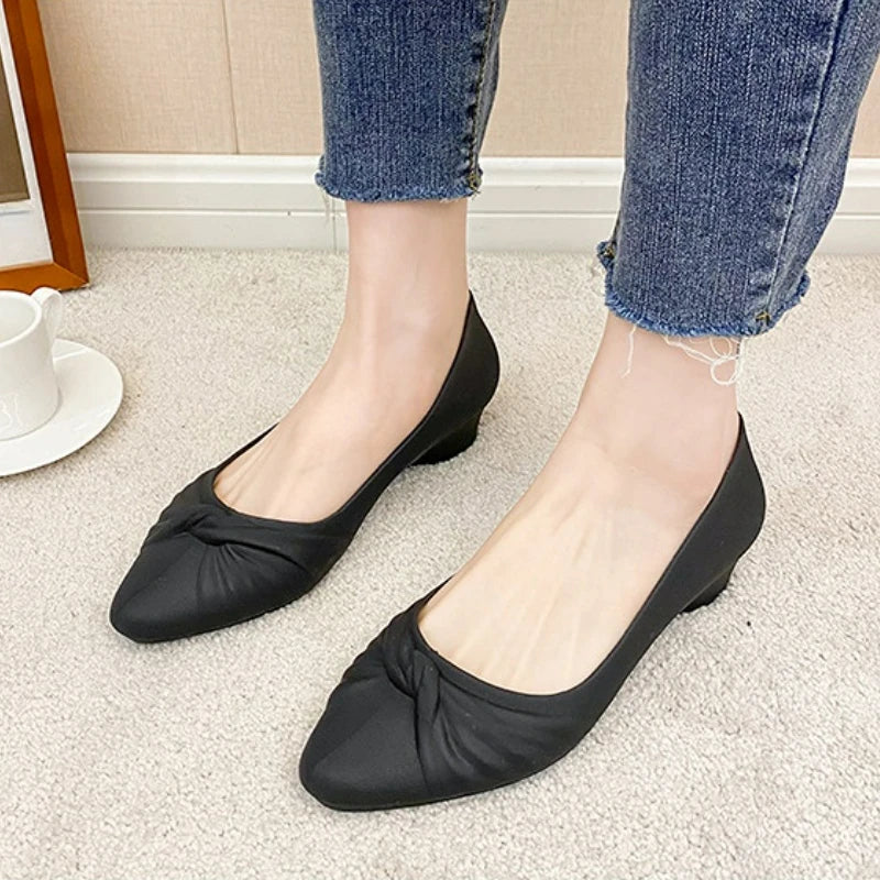 Ladies Slip-On Waterproof PVC Shallow Low Heel Pointed Toe Pumps