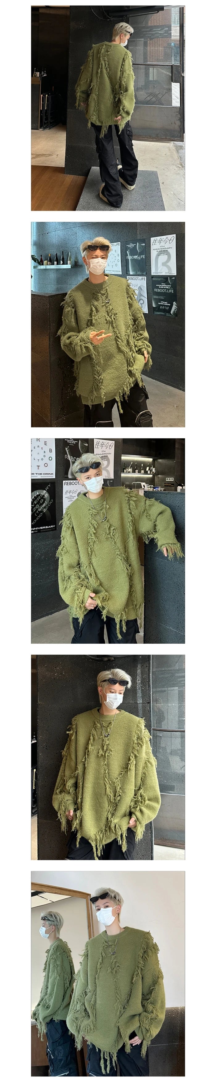 Men's Ripped Oversized Tassels Fringe Women's Streetwear Pullover Knitted O-Neck Sweaters