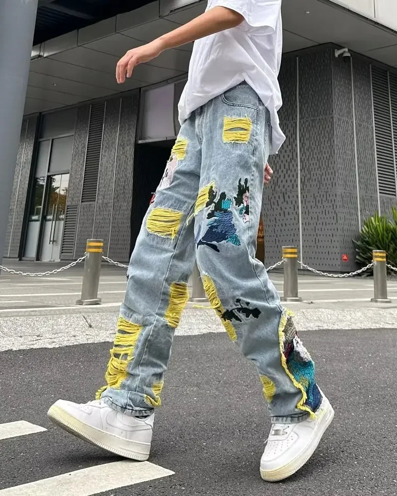 Streetwear Baggy Stacked Ripped Graphic Embroidered Hip Hop Jeans