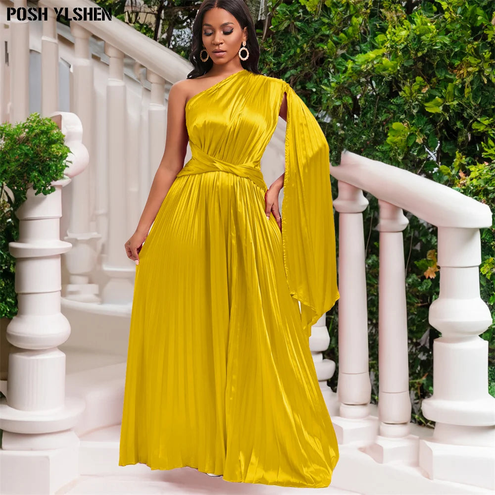 Satin Shiny Pleated One Sleeve Maxi Formal Plus Size Dress to 3X