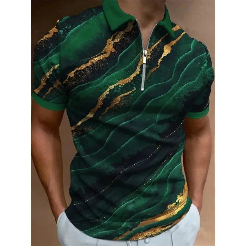 Men's Striped Swirl 3D Print Designer Streetwear Short Sleeve Zipper Polo Shirts