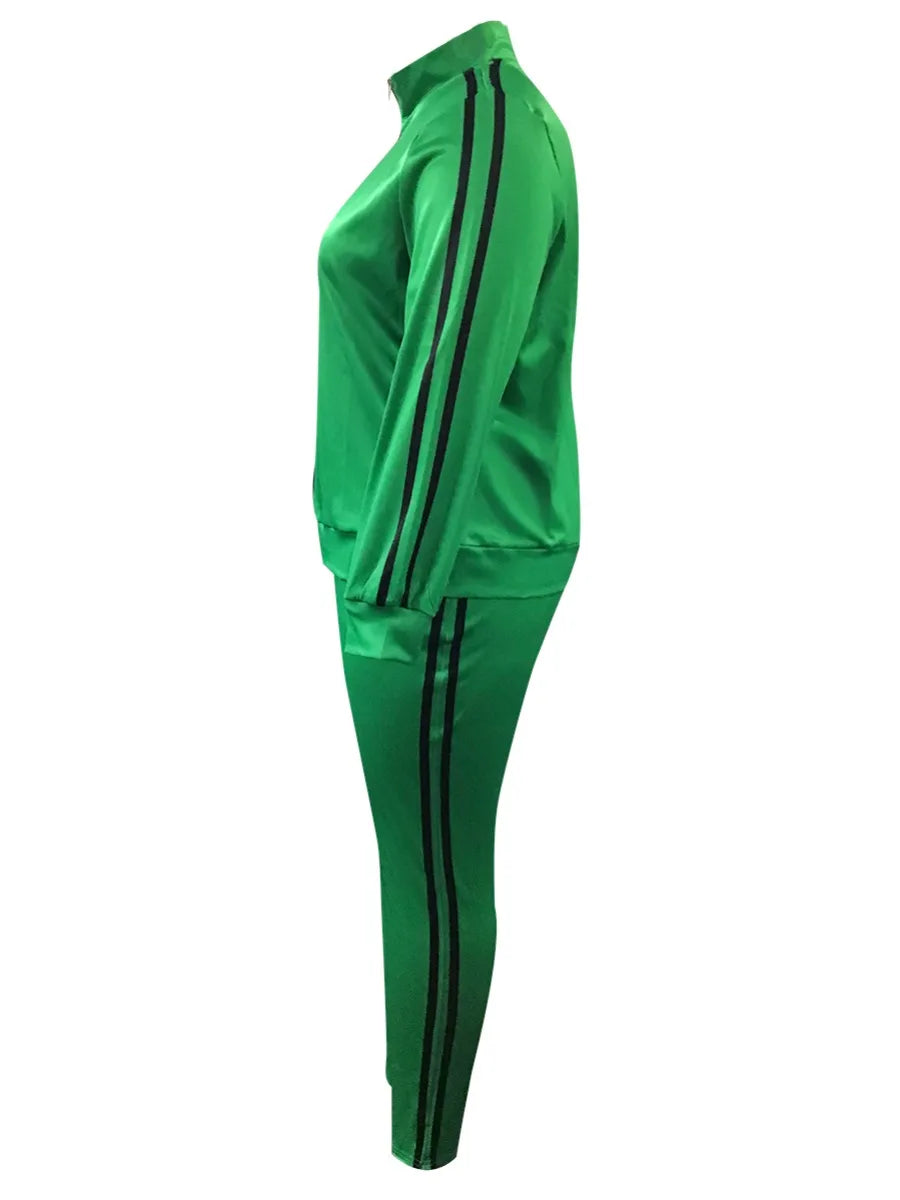 Green/Black Striped Zipper Mandarin Collar Women's Top + Matching Pants Tracksuit