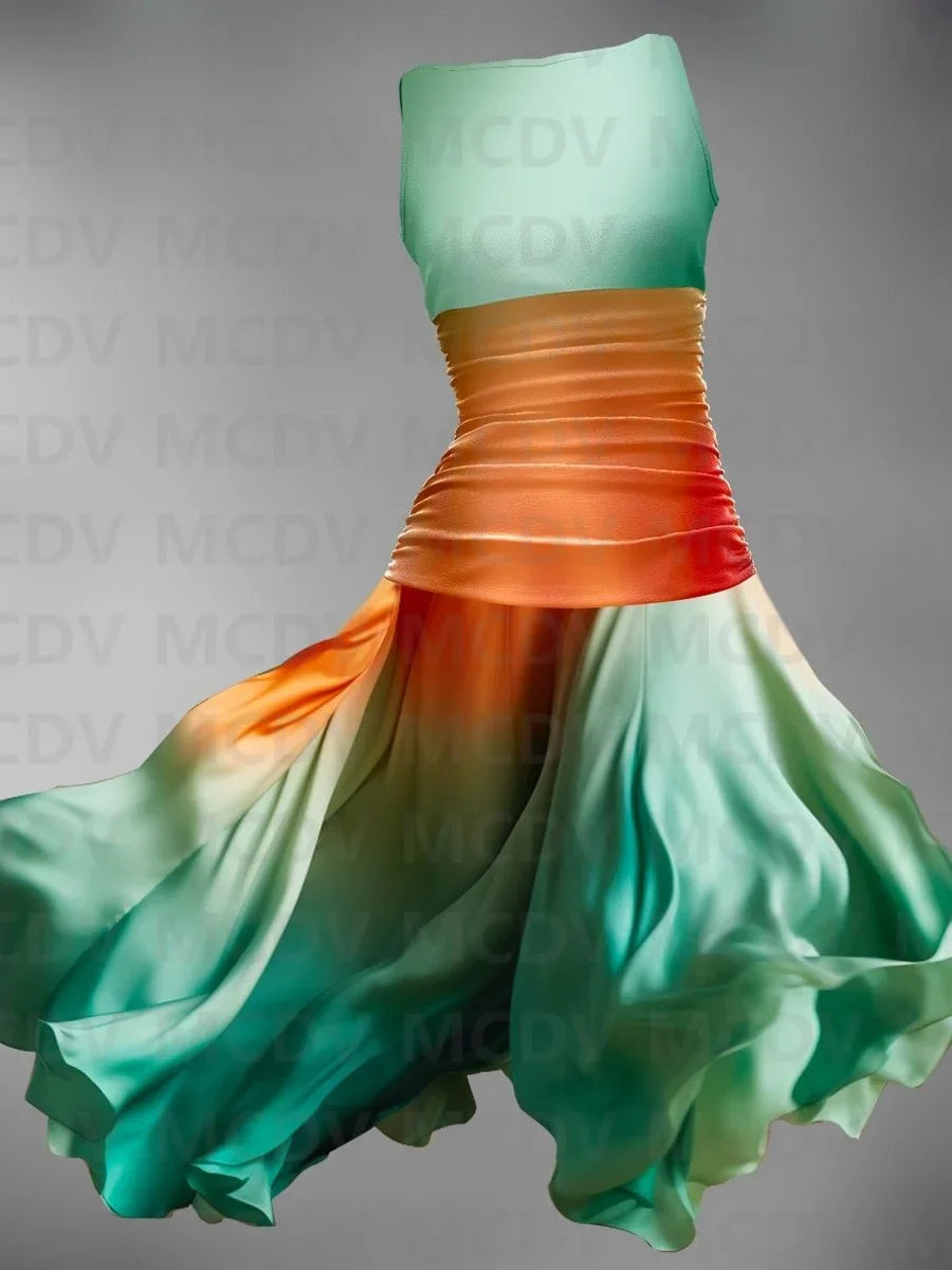 Rainbow Gradient/Plaid/Polka Dot/Striped Colorblock 3D Print Sleeveless O-Neck Swing Midi Dress to 3X Plus Size