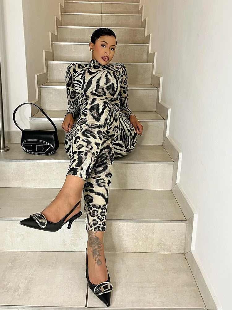 Black/Grey Leopard Print Turtleneck Long Sleeve Skin Tight Streetwear Jumpsuit