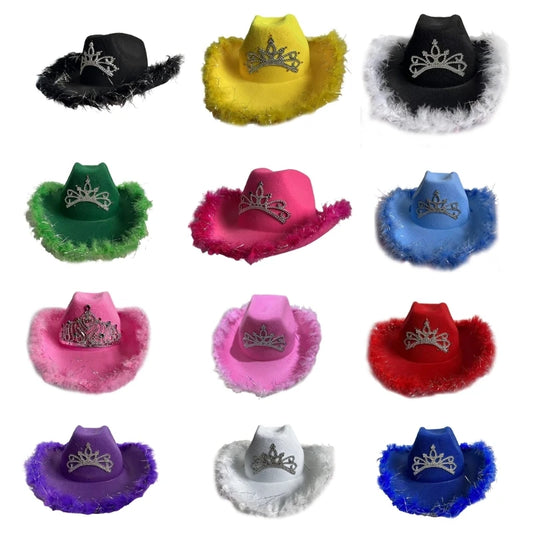 Rhinestone Crown Decor Feather Tinsel Brim Felt Western Cowgirl Fedora Hats