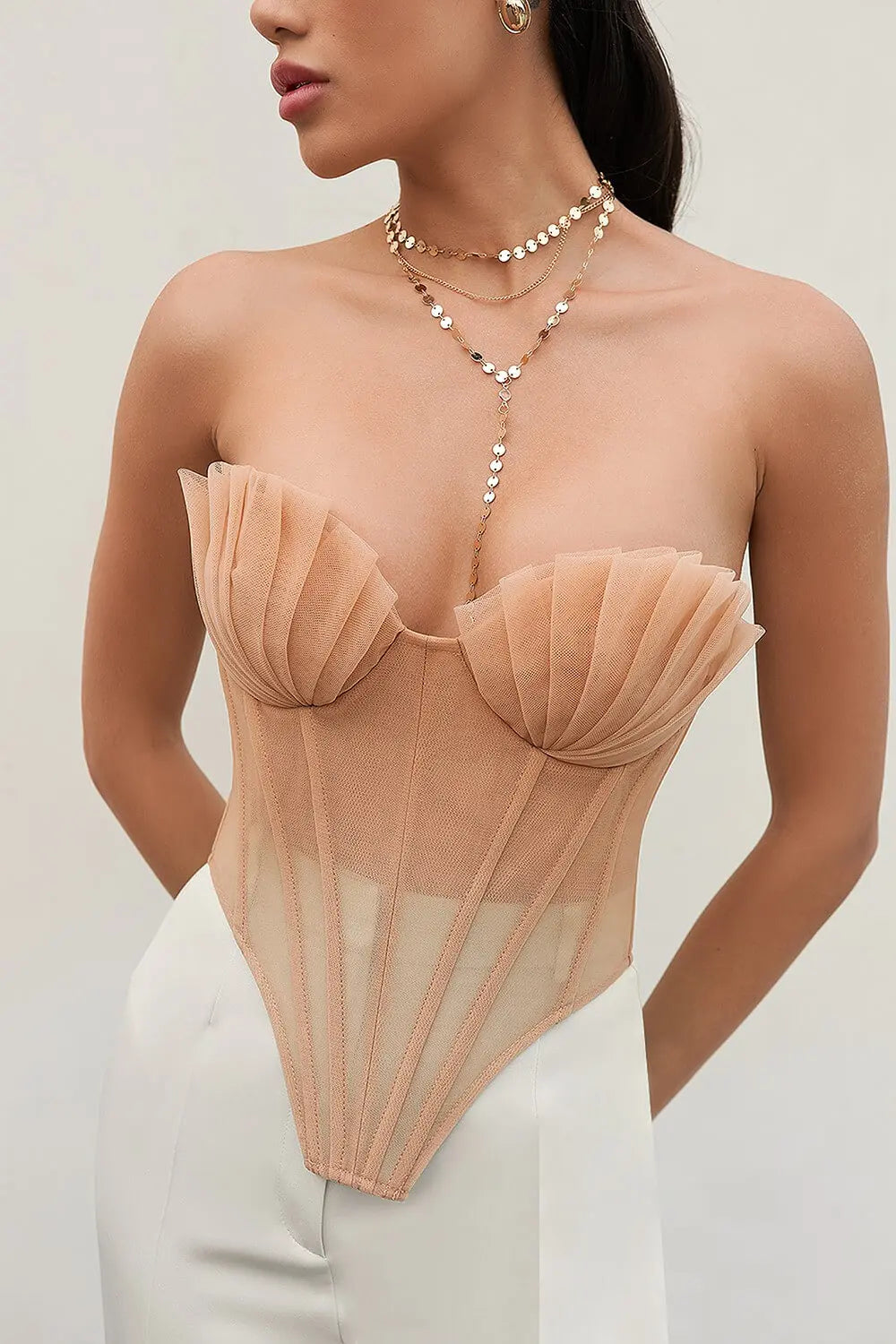 Strapless Sheer Mesh Mermaid Sea Shell Backless Lace-Up Cropped Bustier