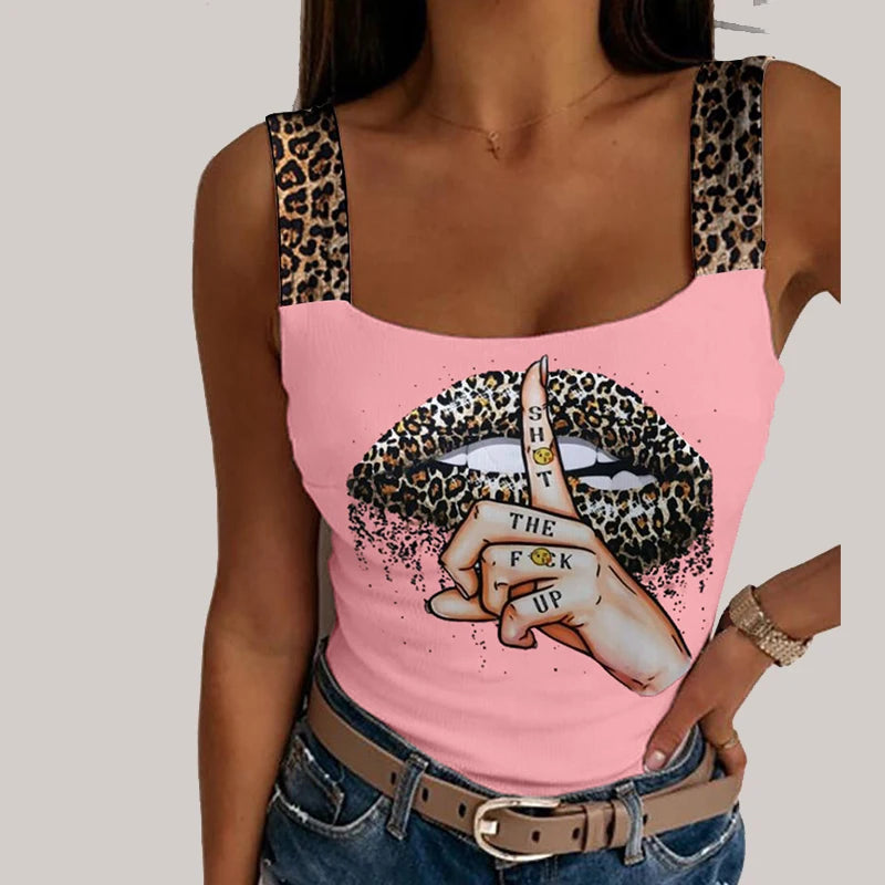 Women's Leopard Strap Lips Print Sleeveless Streetwear Tank Tops