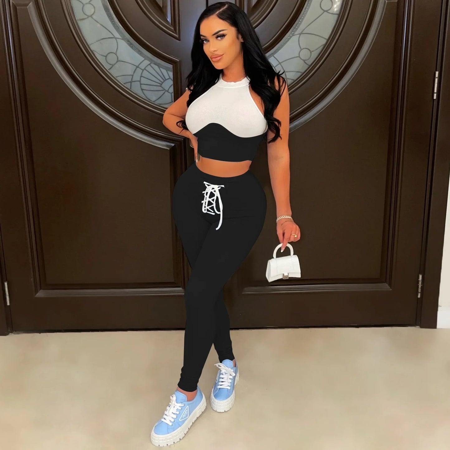 Colorblock Patchwork Sleeveless Women's Tank Top + Solid Lace-Up Drawstring Sweatpants/Shorts 2-Piece Set