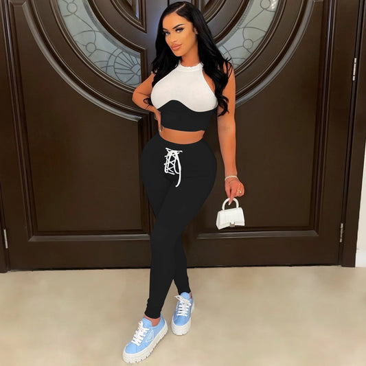 Colorblock Patchwork Sleeveless Women's Tank Top + Solid Lace-Up Drawstring Sweatpants/Shorts 2-Piece Set