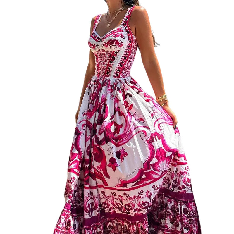 Floral Oversized Tiered Square Neck Sleeveless Swing Dress