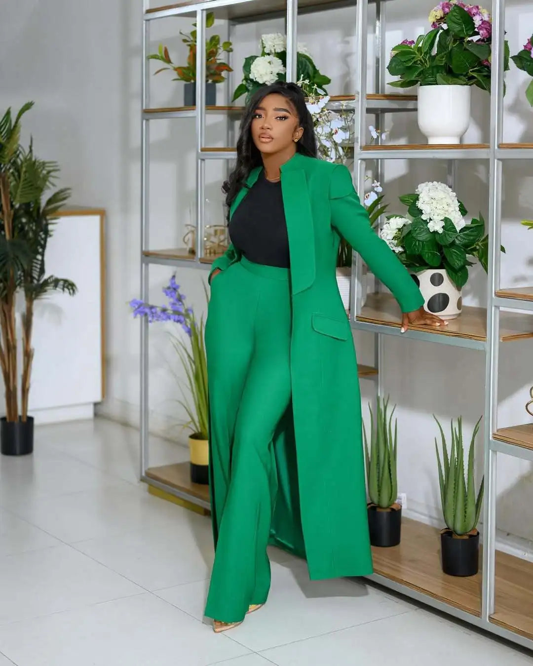 Notched Collar Solid Color Pocketed Maxi Trench Blazer + Pants Women's Office/Formal Party Suit