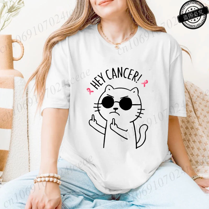 "Hey Cancer" 3D Cat Print Breast Cancer Awareness T-Shirt to 3X Plus Size