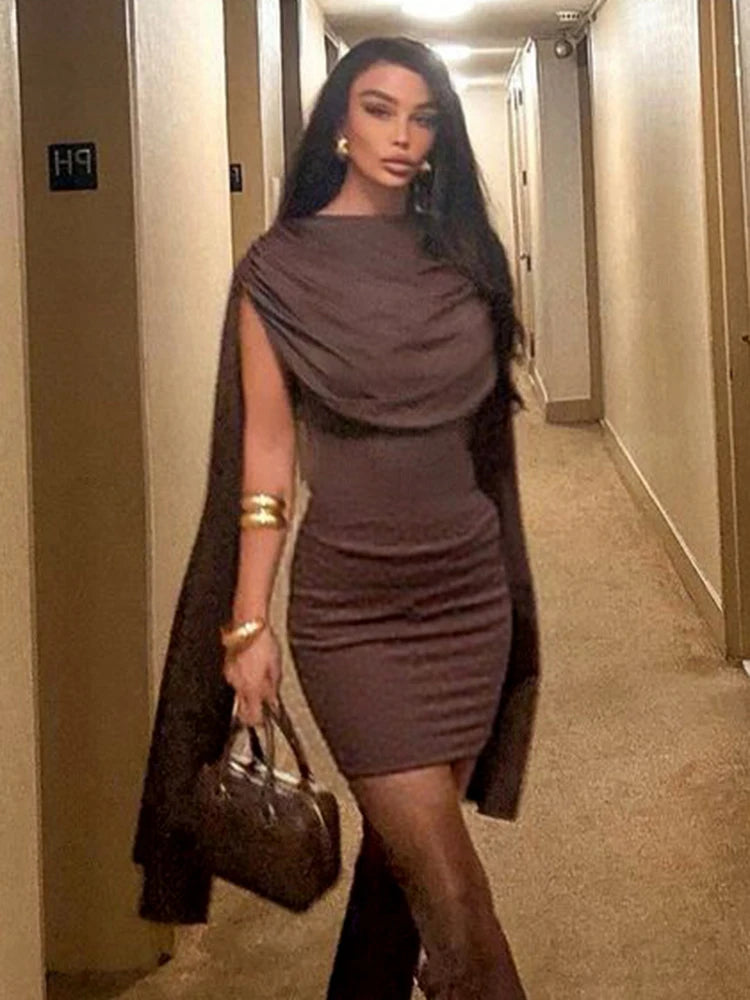 Brown Ruched Oversized Shawl Train Design Patchwork O-Neck Sleeveless Mini Bodycon Party Dress