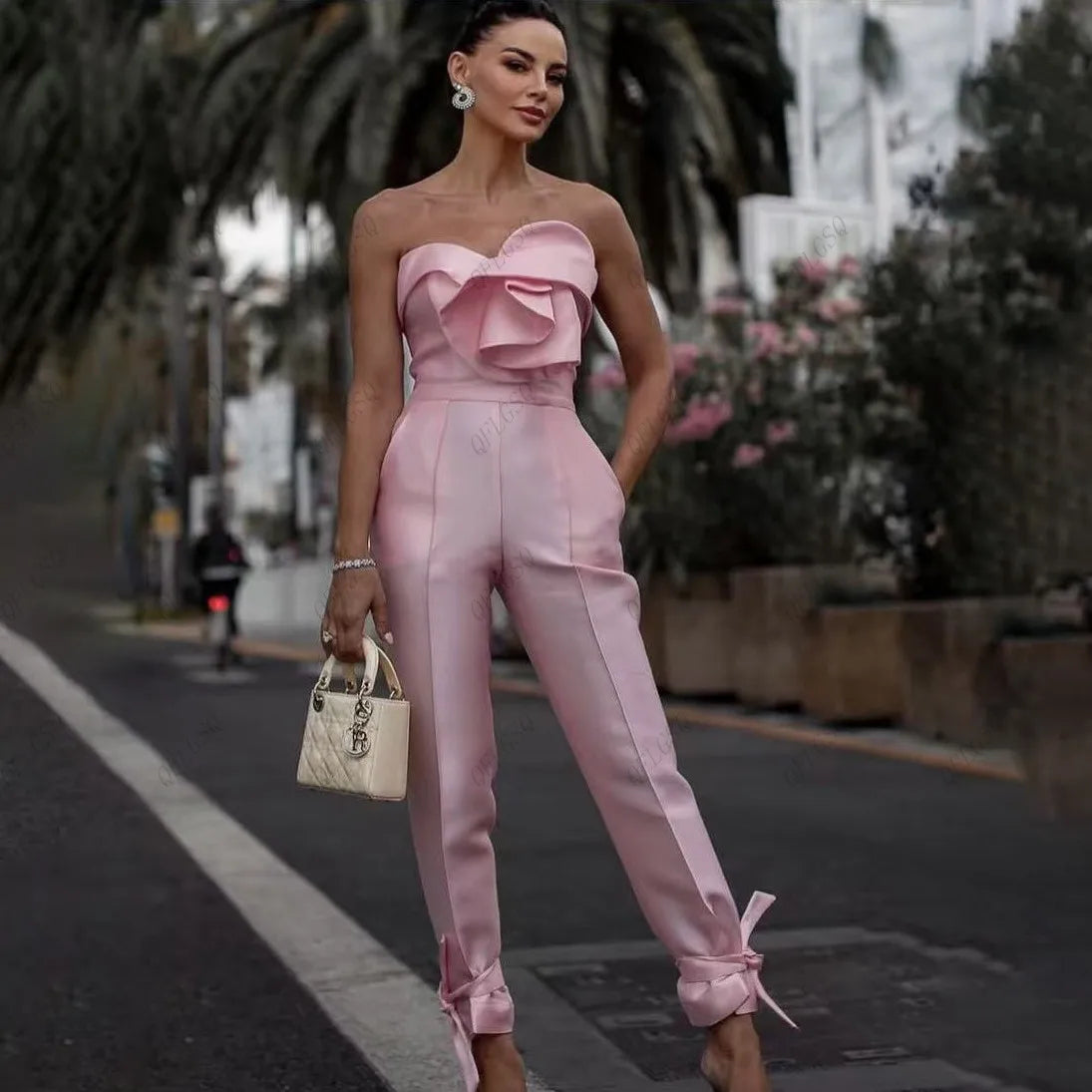 Satin Soft Pink Flower Bow Ruched Women's Formal Jumpsuit
