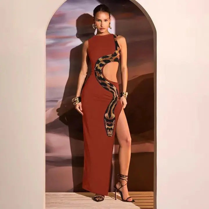 Sleeveless Python Snake Print Cut-Out High Slit Maxi Dress