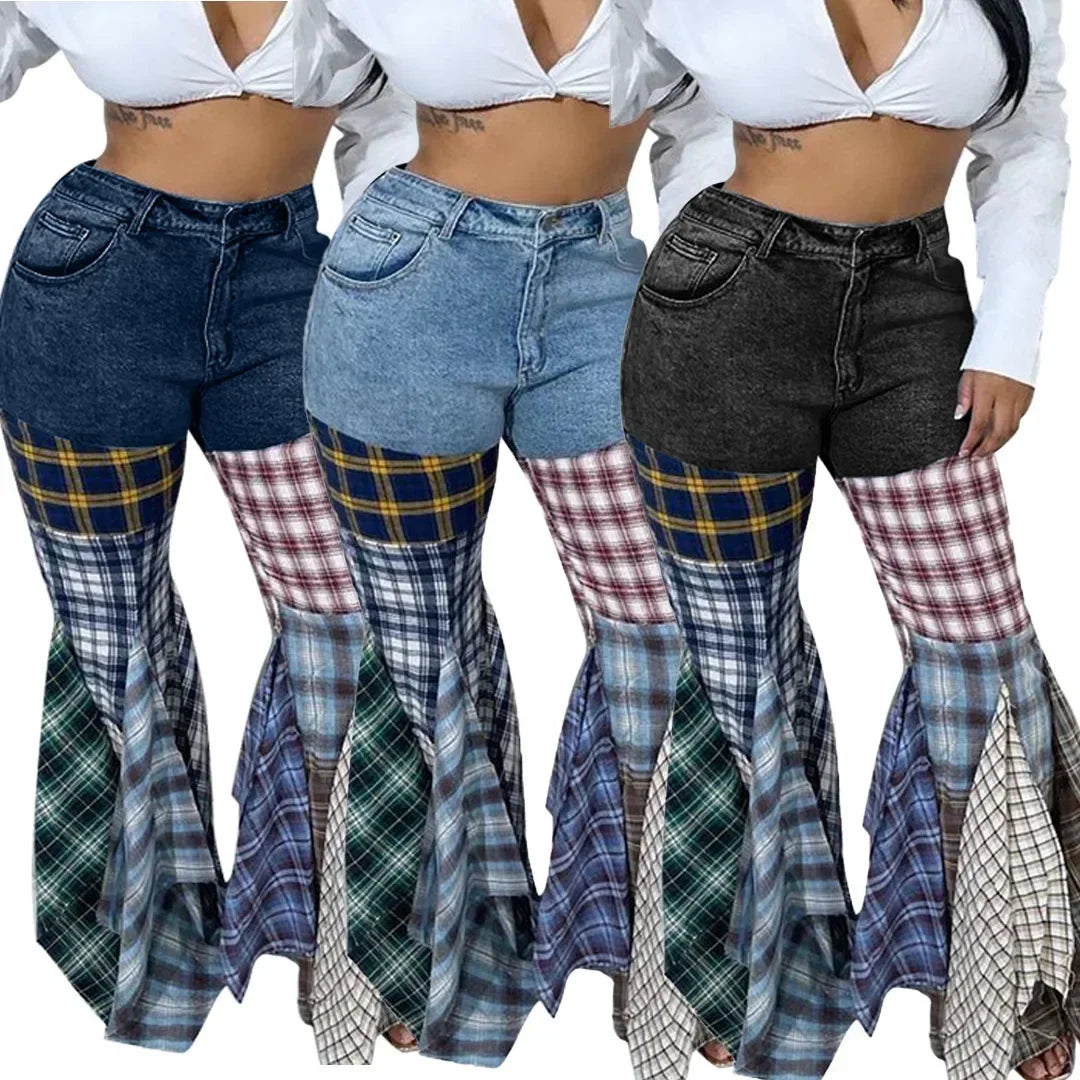 Plaid Ruffled Denim Patchwork Design Flared Leg Ripped Women's Jeans