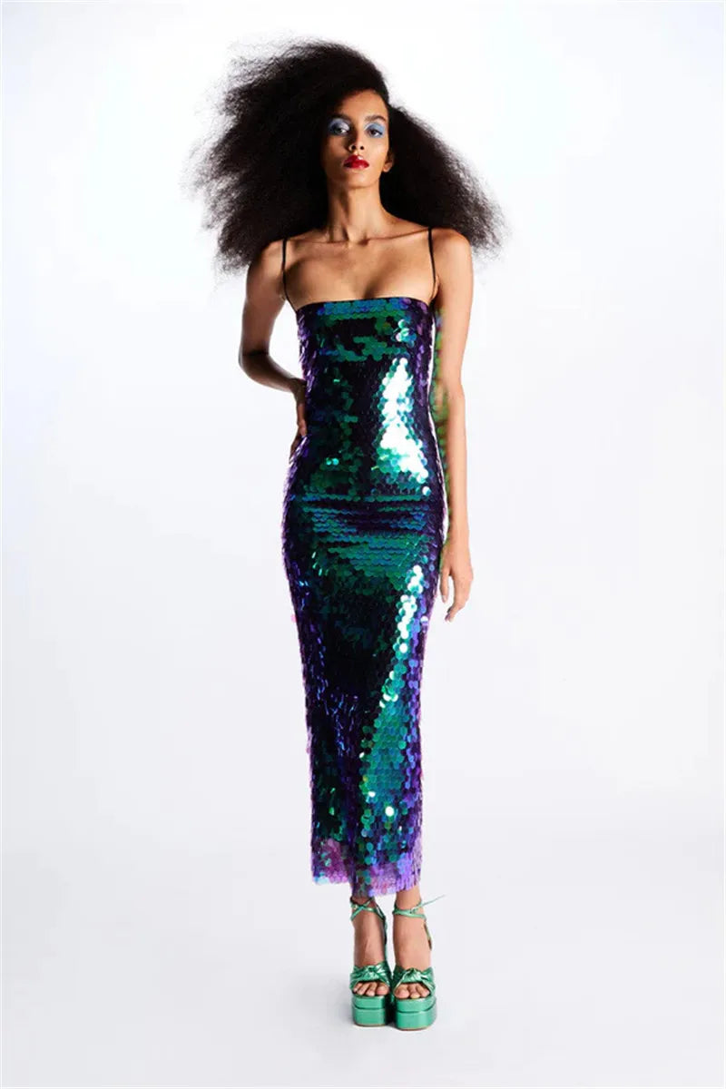 Sparkling Sequin Sleeveless Solid Backless Spaghetti Strap Formal Maxi Party Dress